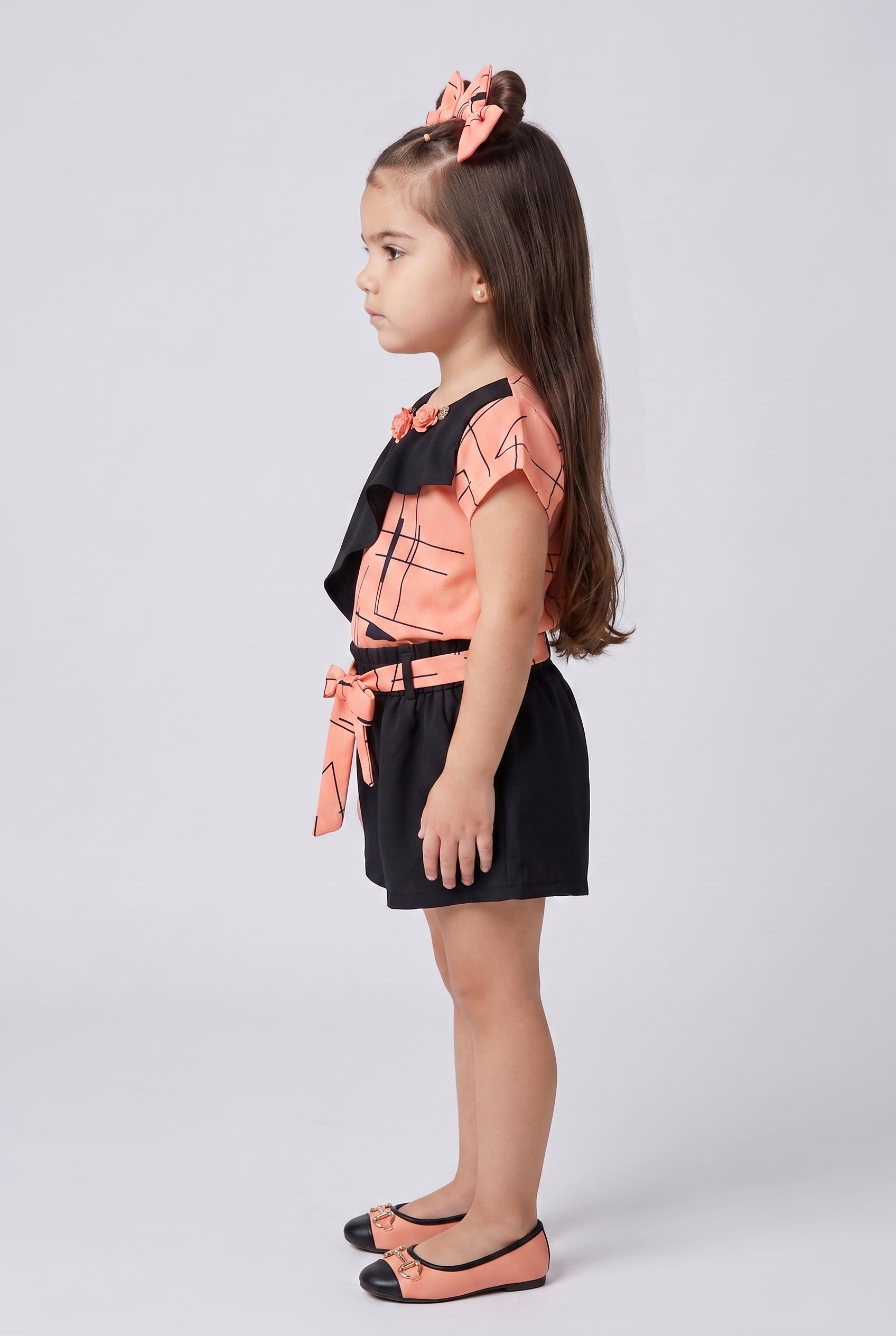Peach & Black Printed Top with Shorts Set 760