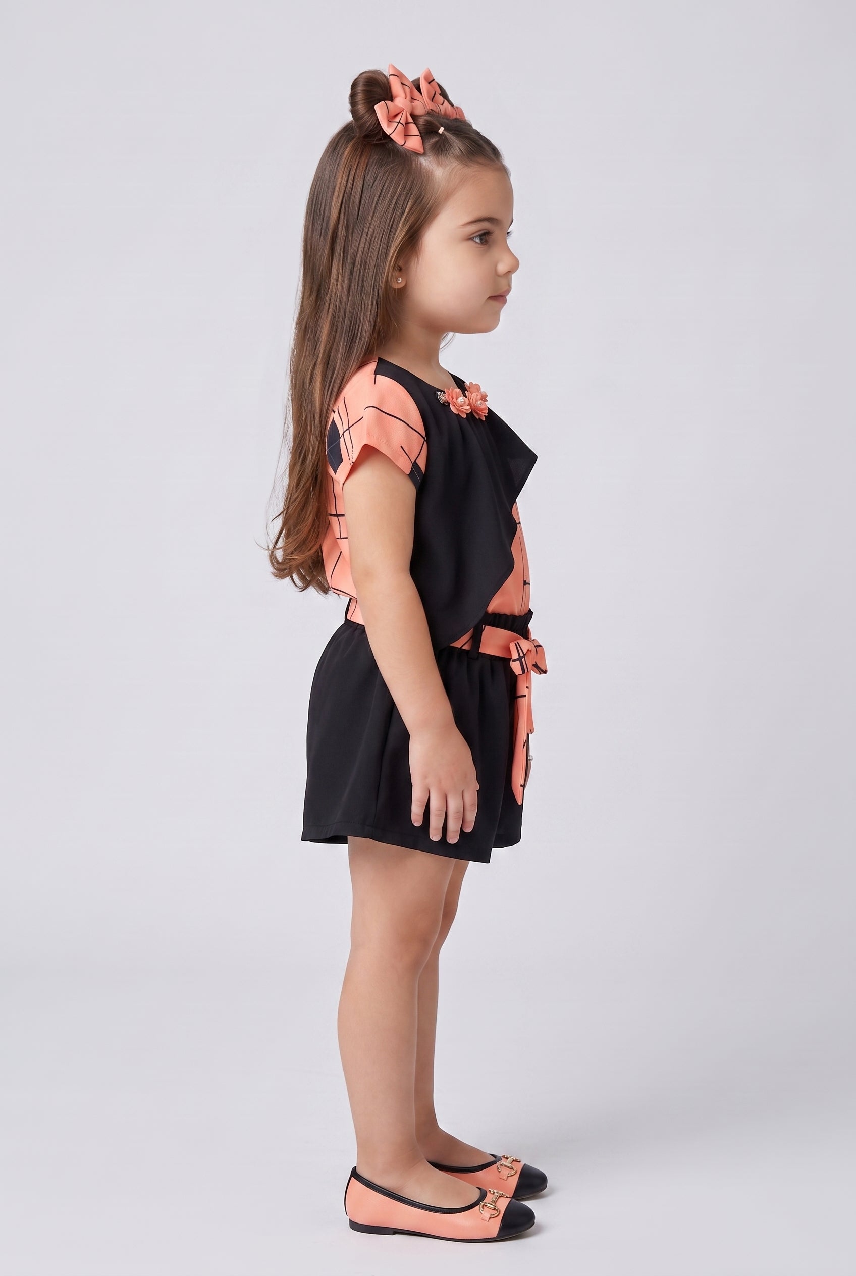 Peach & Black Printed Top with Shorts Set 760