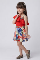Red One-Shoulder Ruffle Top with Floral Skirt Set 773