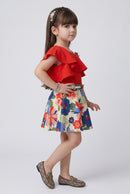 Red One-Shoulder Ruffle Top with Floral Skirt Set 773
