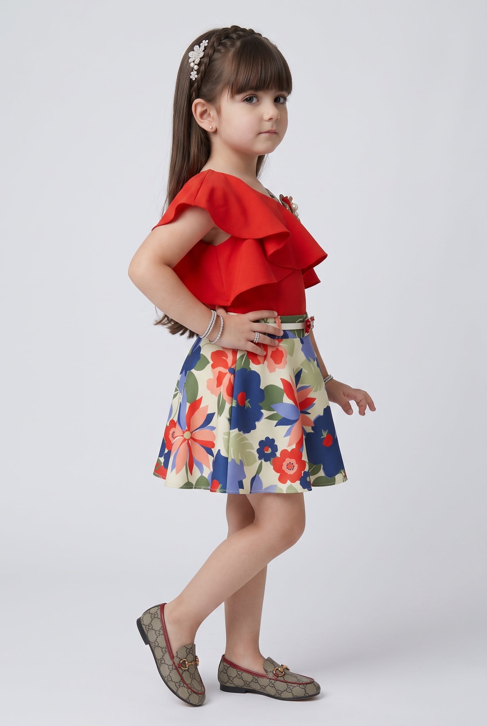 Red One-Shoulder Ruffle Top with Floral Skirt Set 773