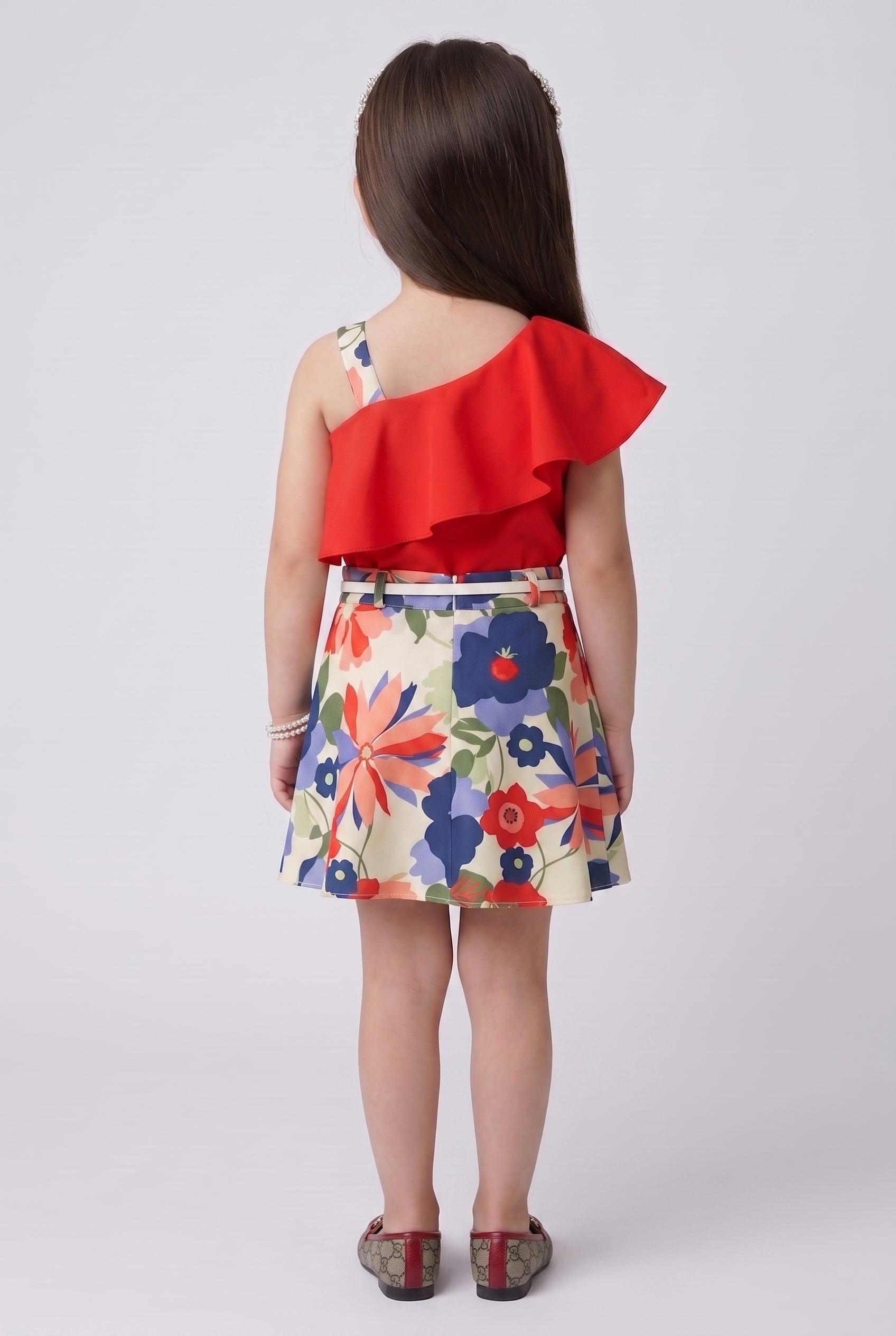 Red One-Shoulder Ruffle Top with Floral Skirt Set 773