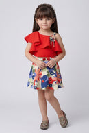 Red One-Shoulder Ruffle Top with Floral Skirt Set 773
