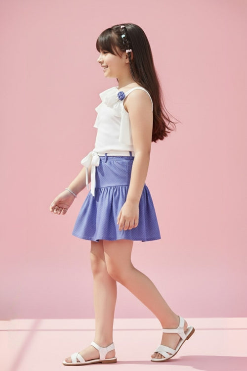 Off White Ruffle Top with Blue Mini Skirt Co-Ord Set SET951