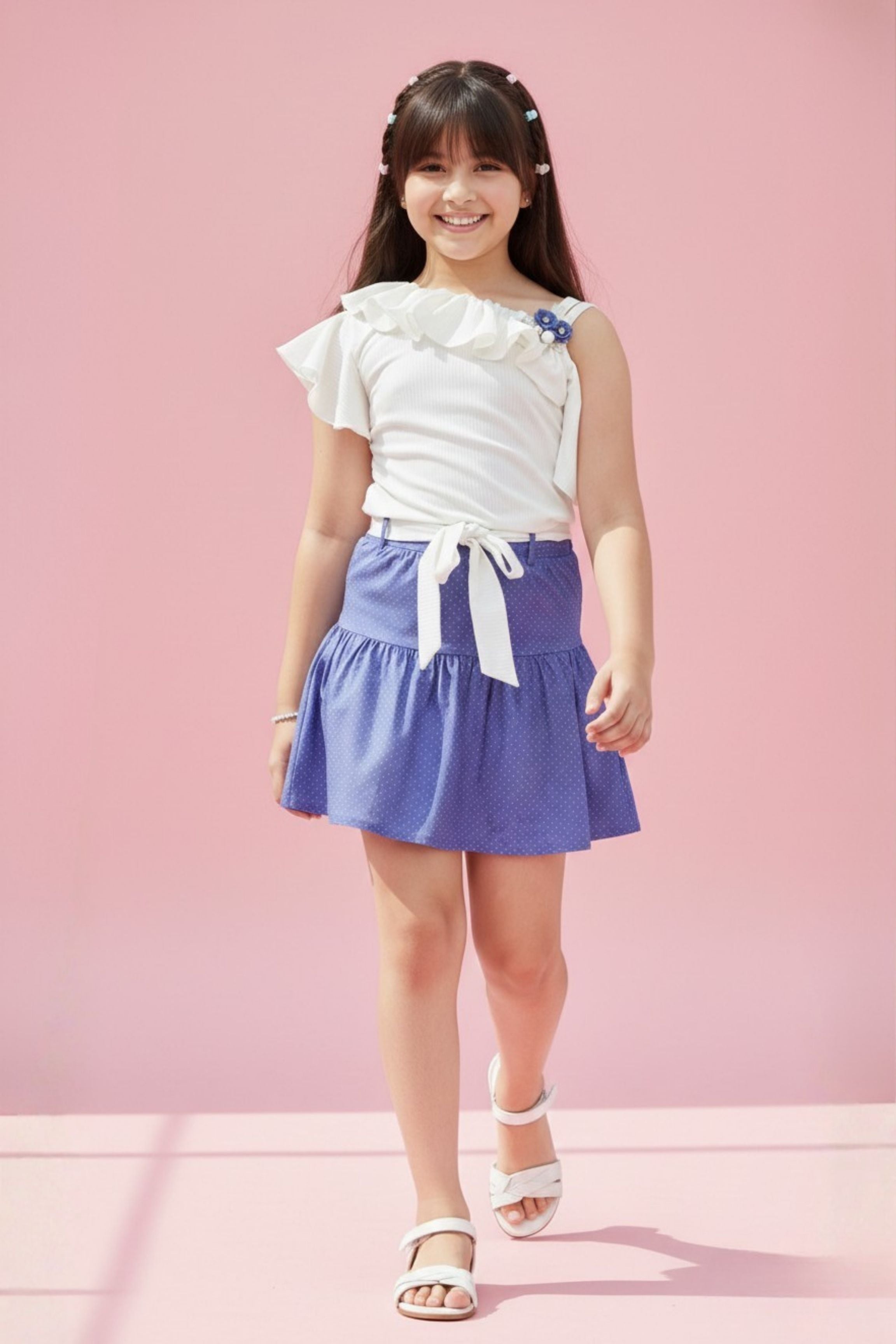 Off White Ruffle Top with Blue Mini Skirt Co-Ord Set SET951