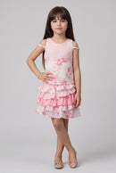 Pink Floral Cold-Shoulder Layered Ruffle Set 972