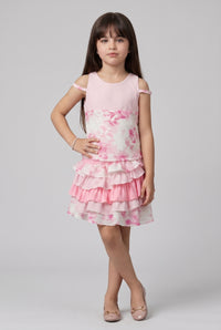 Pink Floral Cold-Shoulder Layered Ruffle Set 972