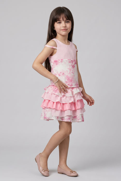 Pink Floral Cold-Shoulder Layered Ruffle Set 972