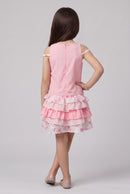 Pink Floral Cold-Shoulder Layered Ruffle Set 972