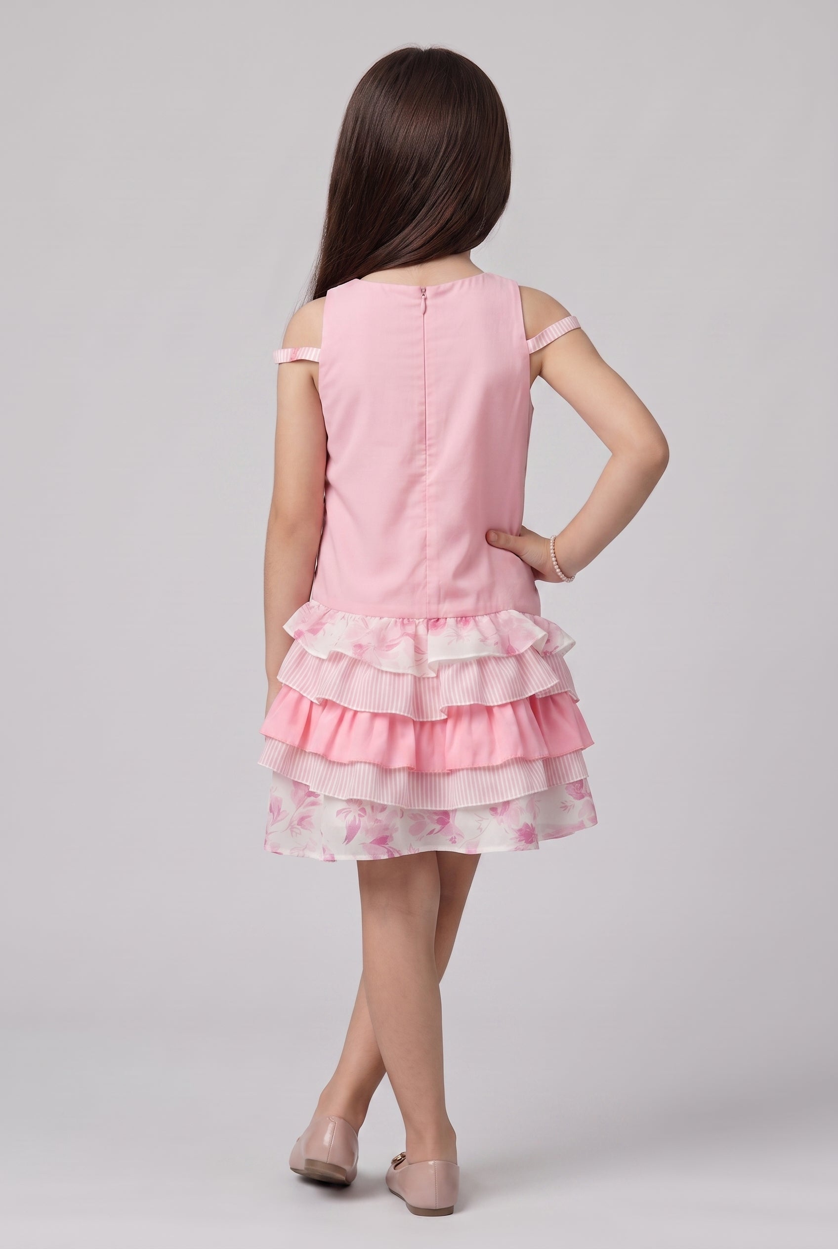 Pink Floral Cold-Shoulder Layered Ruffle Set 972