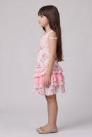 Pink Floral Cold-Shoulder Layered Ruffle Set 972