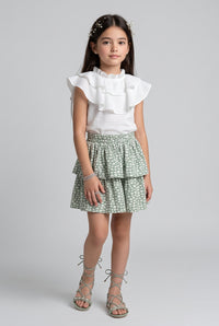 White Ruffle Top & Sage Green Printed Tiered Skirt Set 975