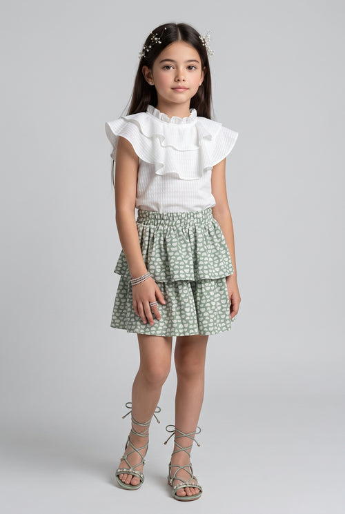 White Ruffle Top & Sage Green Printed Tiered Skirt Set 975