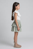 White Ruffle Top & Sage Green Printed Tiered Skirt Set 975