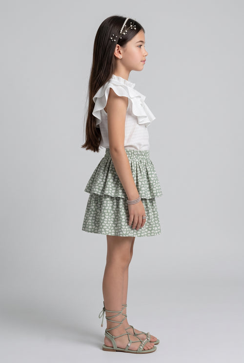 White Ruffle Top & Sage Green Printed Tiered Skirt Set 975