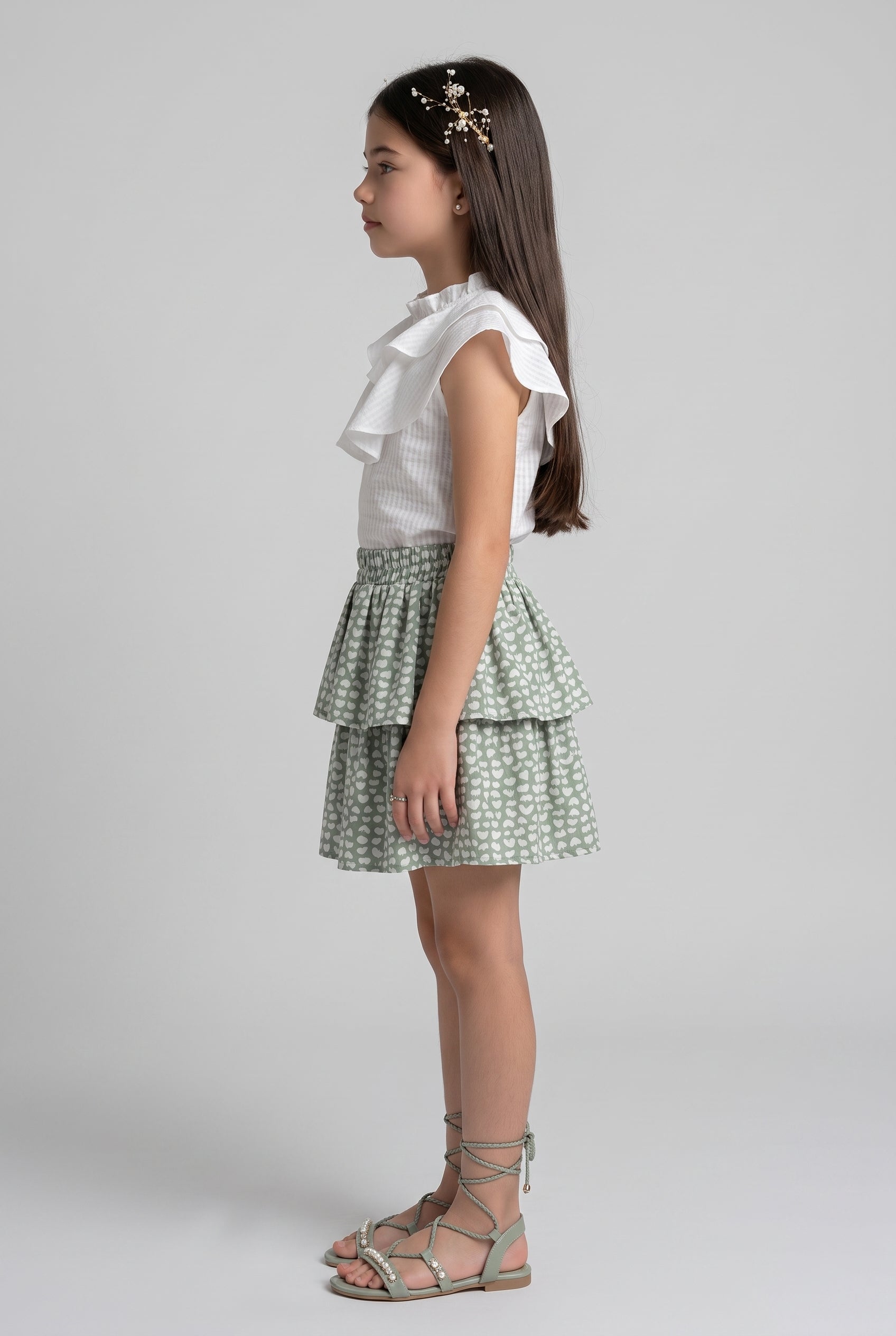 White Ruffle Top & Sage Green Printed Tiered Skirt Set 975
