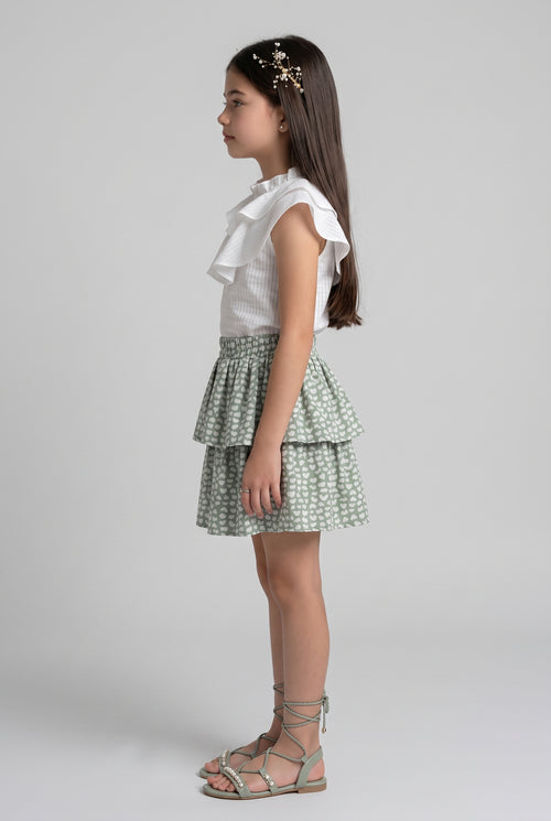 White Ruffle Top & Sage Green Printed Tiered Skirt Set 975