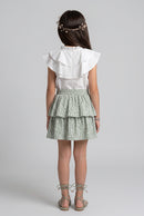 White Ruffle Top & Sage Green Printed Tiered Skirt Set 975