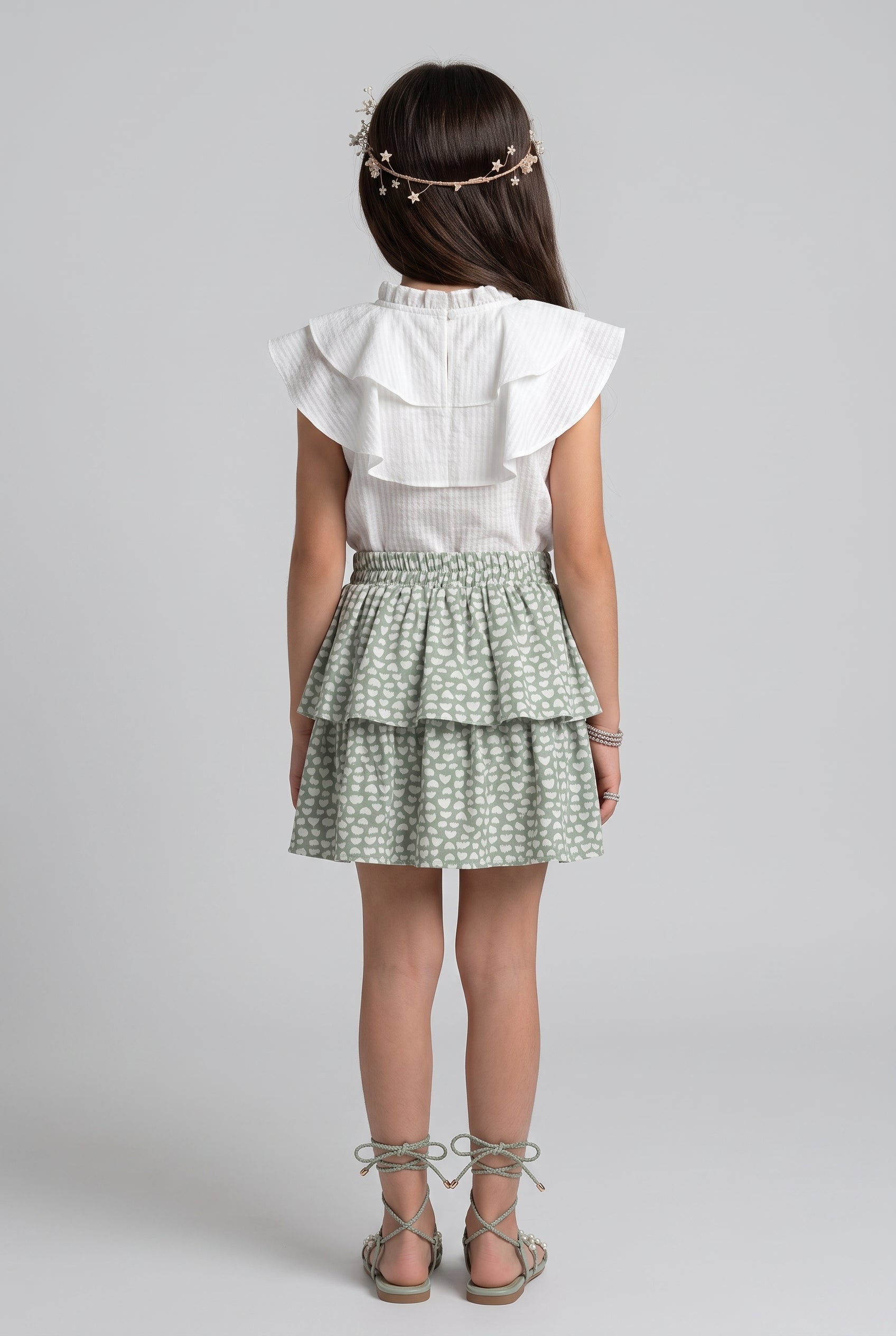 White Ruffle Top & Sage Green Printed Tiered Skirt Set 975