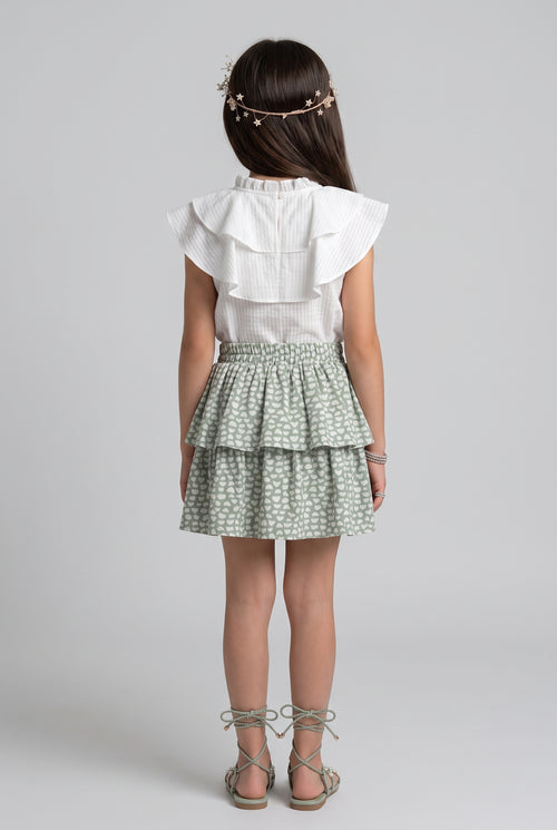 White Ruffle Top & Sage Green Printed Tiered Skirt Set 975