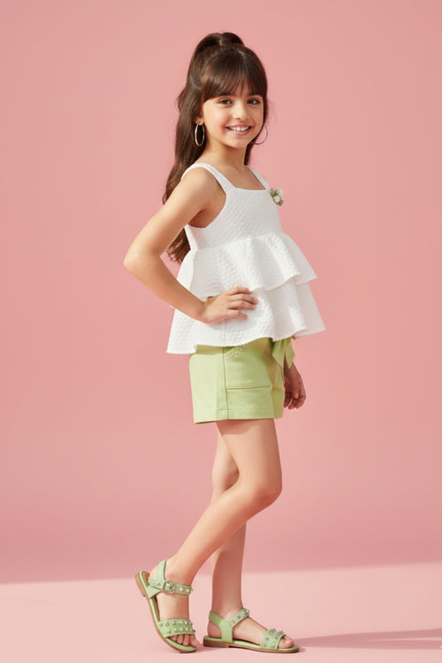 White Tiered Top with Lime Green Shorts Co-Ord Set 976