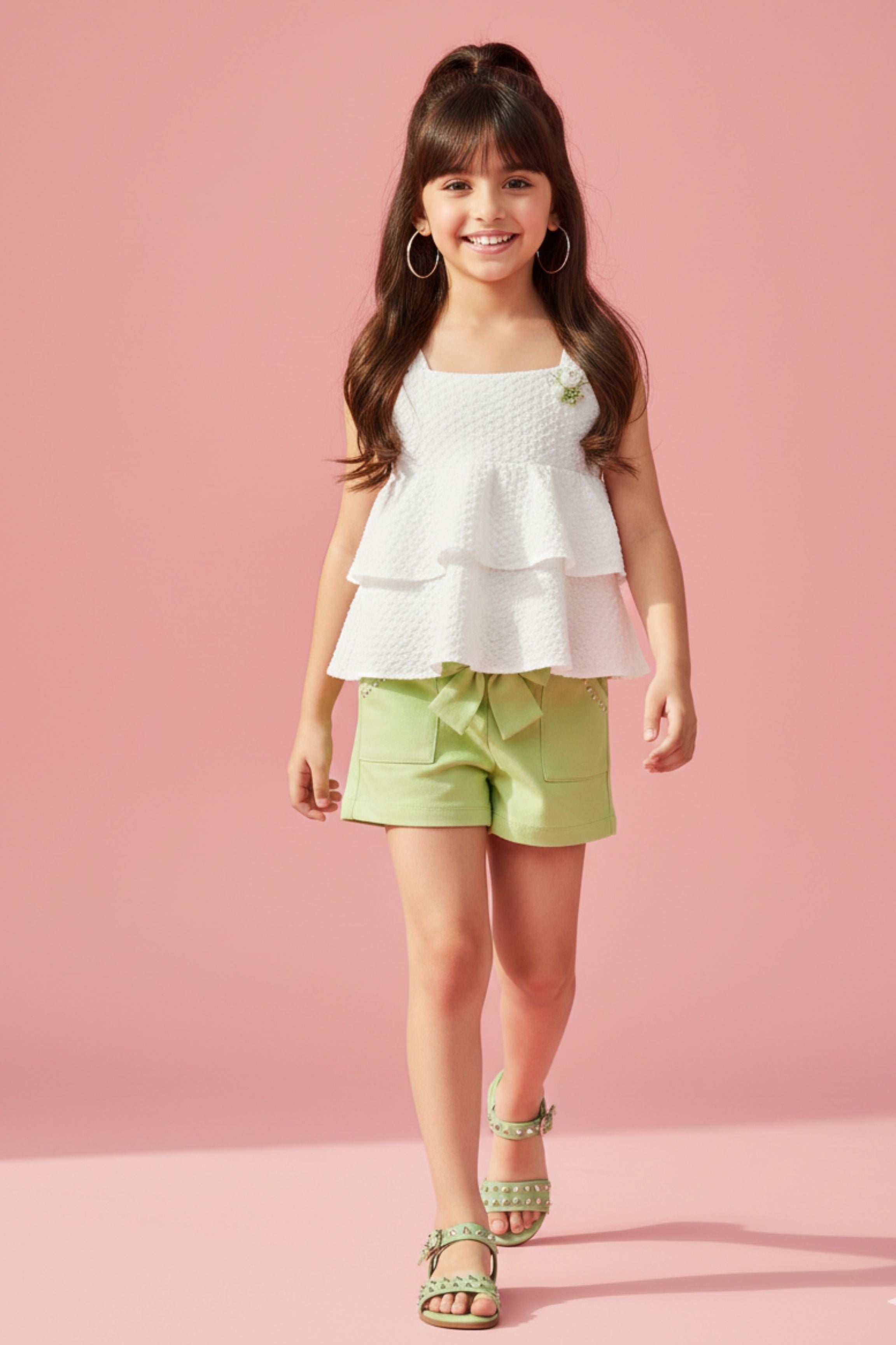 White Tiered Top with Lime Green Shorts Co-Ord Set 976