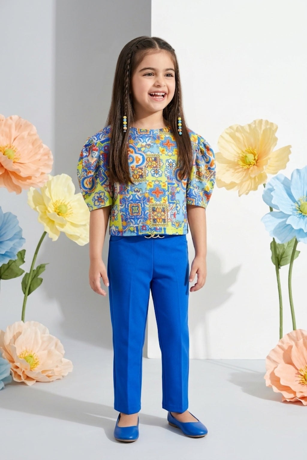 Girls Floral Puff Sleeve Top & Blue Pants SET2068