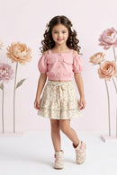 Peach Off-Shoulder Top with Floral Skirt Set 2091