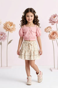 Peach Off-Shoulder Top with Floral Skirt Set 2091