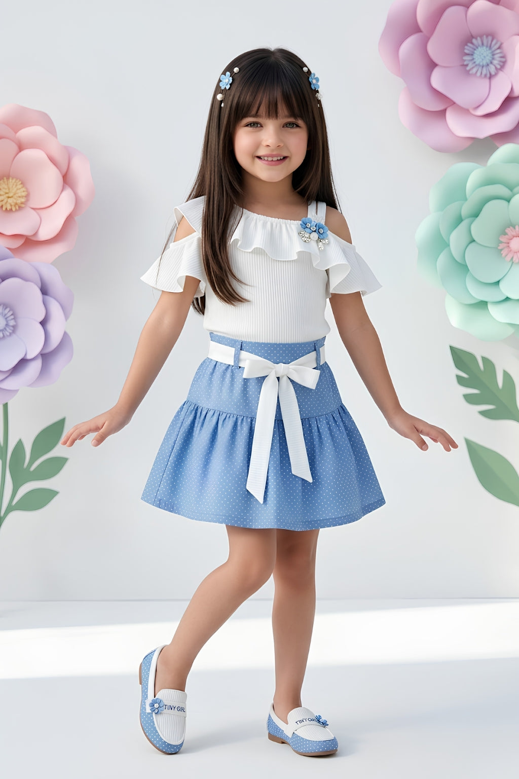 Girls Light Blue Ruffle Top & Polka Dot Skirt Co-ord Set 951