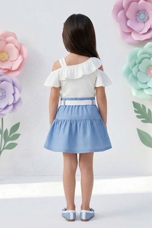 Girls Light Blue Ruffle Top & Polka Dot Skirt Co-ord Set 951