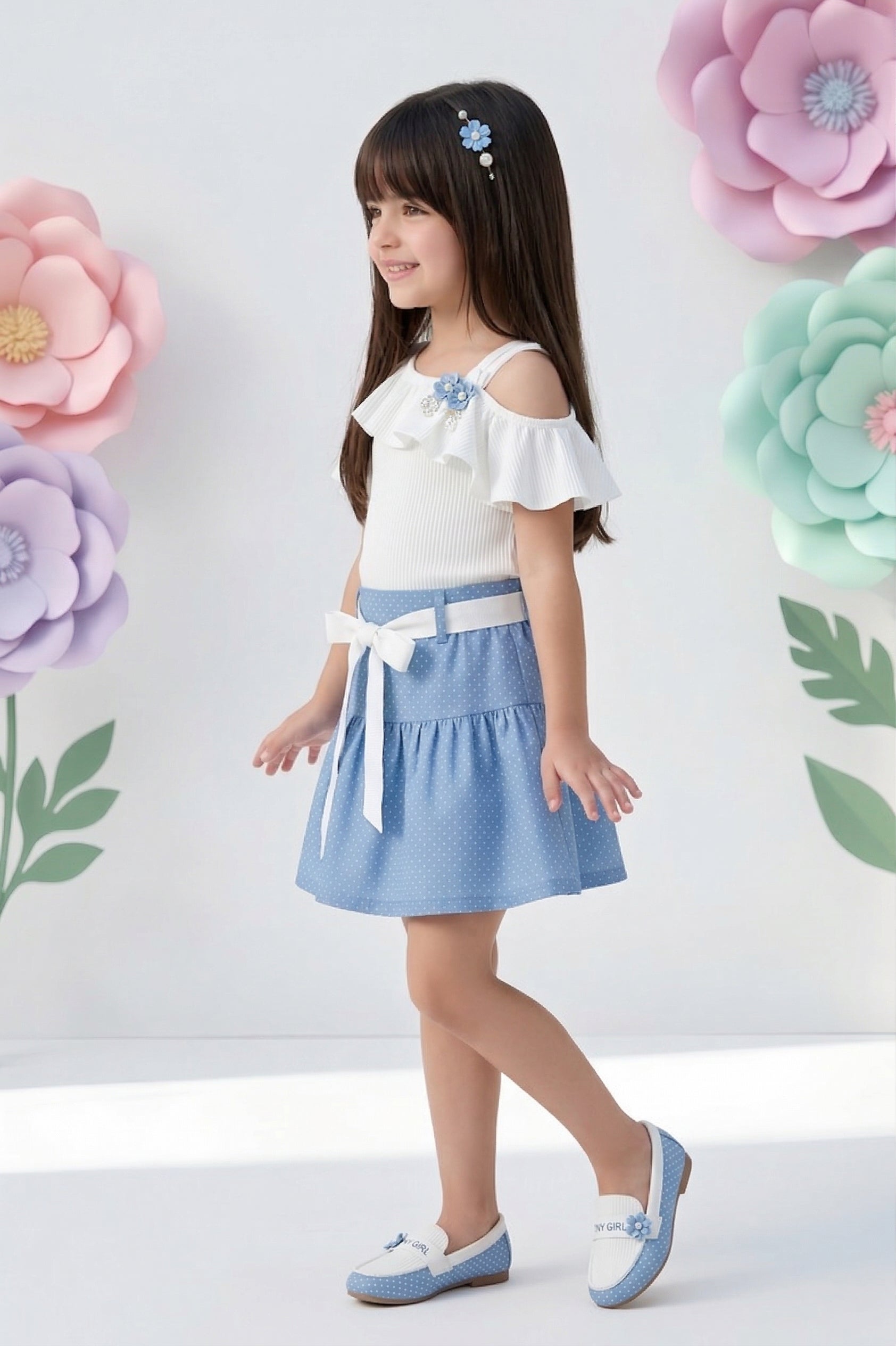 Girls Light Blue Ruffle Top & Polka Dot Skirt Co-ord Set 951