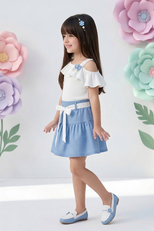 Girls Light Blue Ruffle Top & Polka Dot Skirt Co-ord Set 951