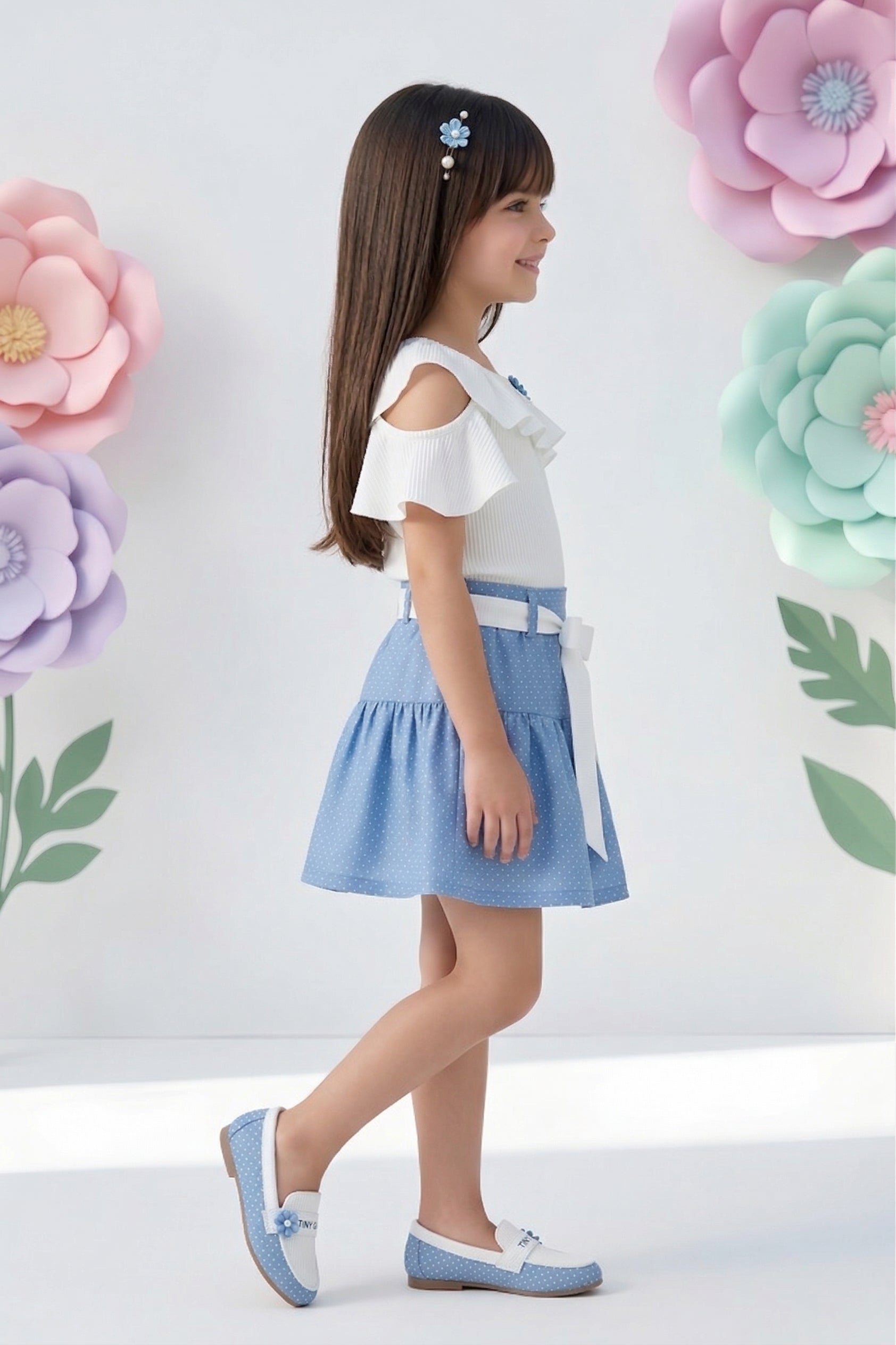 Girls Light Blue Ruffle Top & Polka Dot Skirt Co-ord Set 951