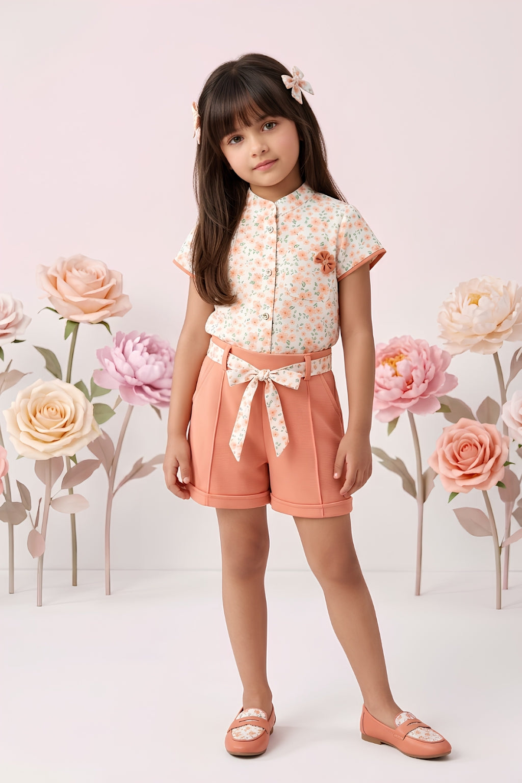 Peach Floral Top with Shorts SET970
