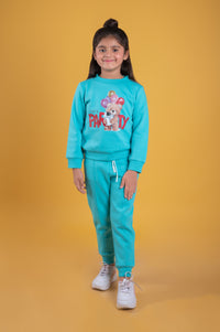 Tiny Girl Aqua Blue Fleece Jogger Pants for Girls | Soft Winter Track Bottoms | Comfortable Kids Wear | Tiny Girl India