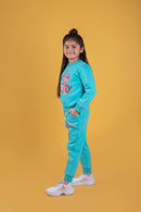 Tiny Girl Aqua Blue Fleece Jogger Pants for Girls | Soft Winter Track Bottoms | Comfortable Kids Wear | Tiny Girl India