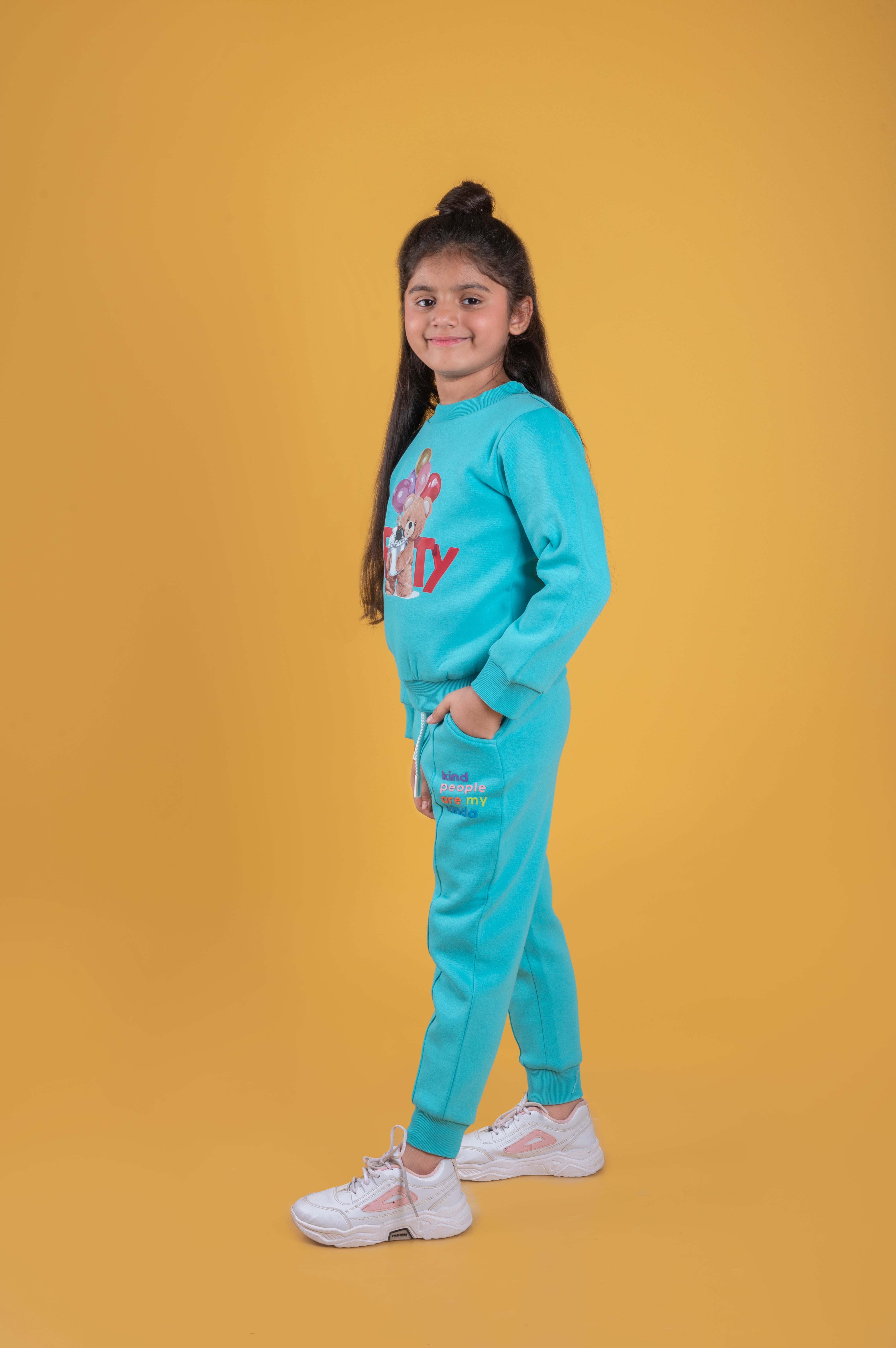 Tiny Girl Aqua Blue Fleece Jogger Pants for Girls | Soft Winter Track Bottoms | Comfortable Kids Wear | Tiny Girl India