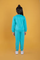 Tiny Girl Aqua Blue Fleece Jogger Pants for Girls | Soft Winter Track Bottoms | Comfortable Kids Wear | Tiny Girl India