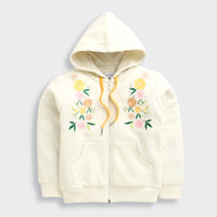 Tiny Girl Cream Floral Embroidered Zip-Up Hoodie For Girls | Winter Wear Sweatshirt | Kids