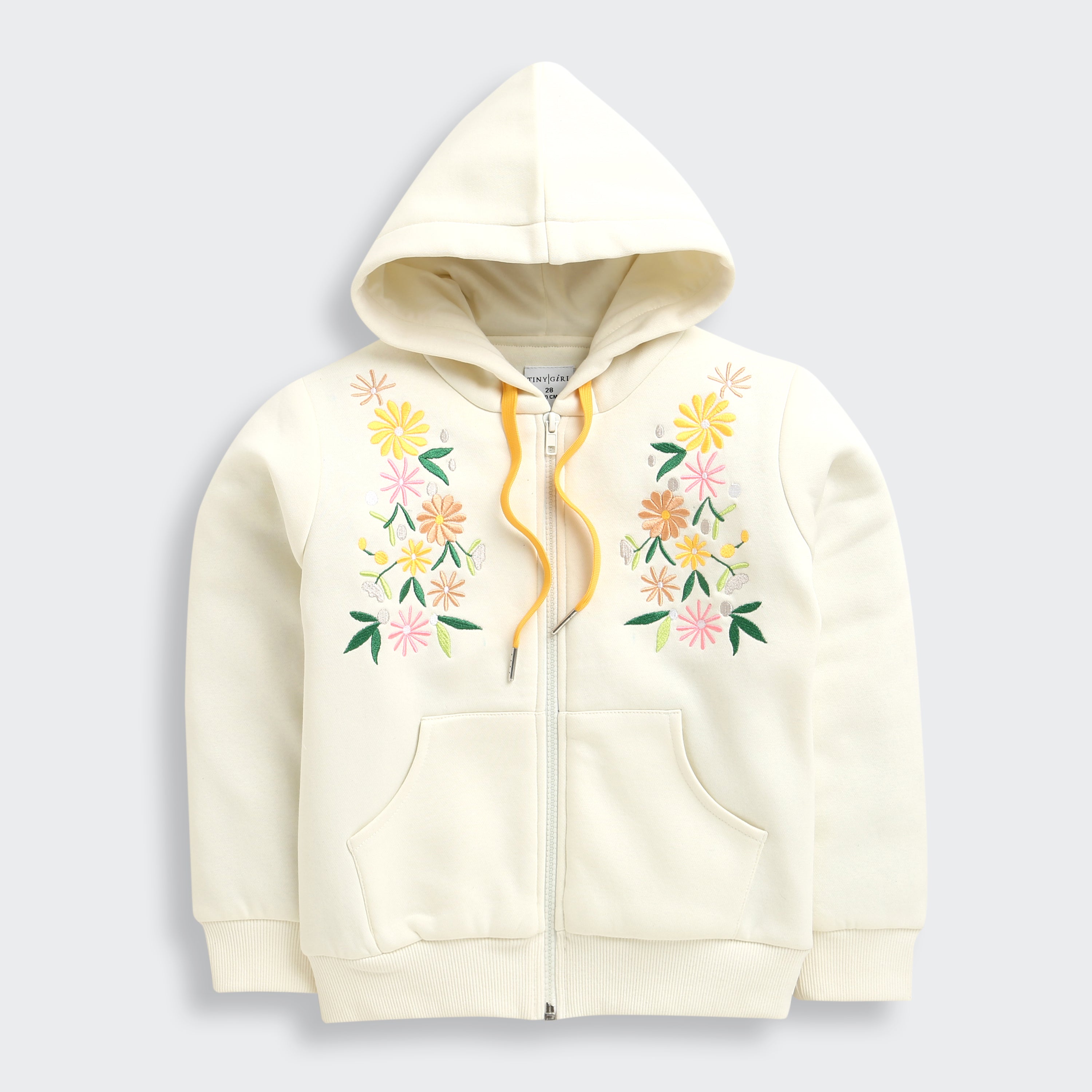 Tiny Girl Cream Floral Embroidered Zip-Up Hoodie For Girls | Winter Wear Sweatshirt | Kids