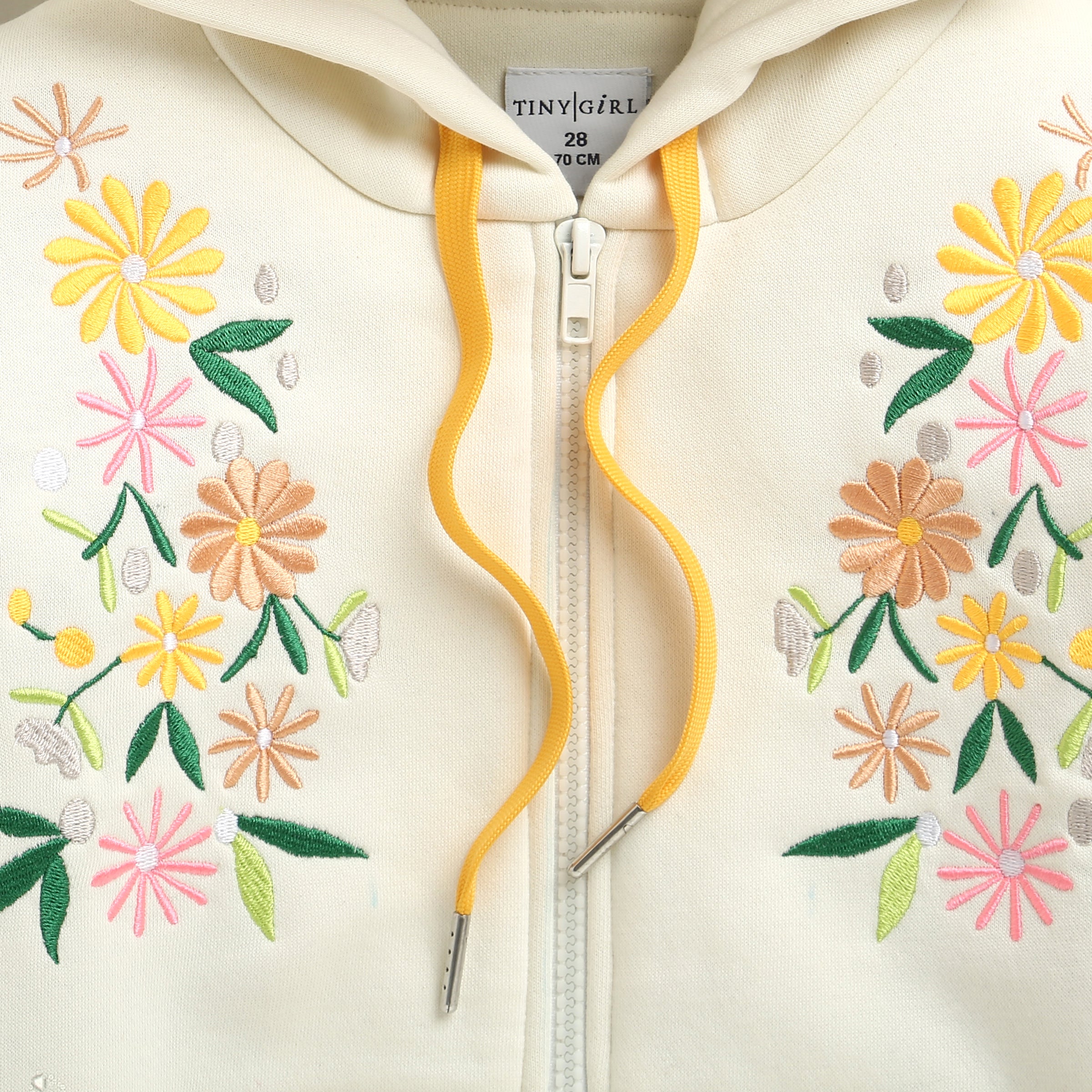 Tiny Girl Cream Floral Embroidered Zip-Up Hoodie For Girls | Winter Wear Sweatshirt | Kids