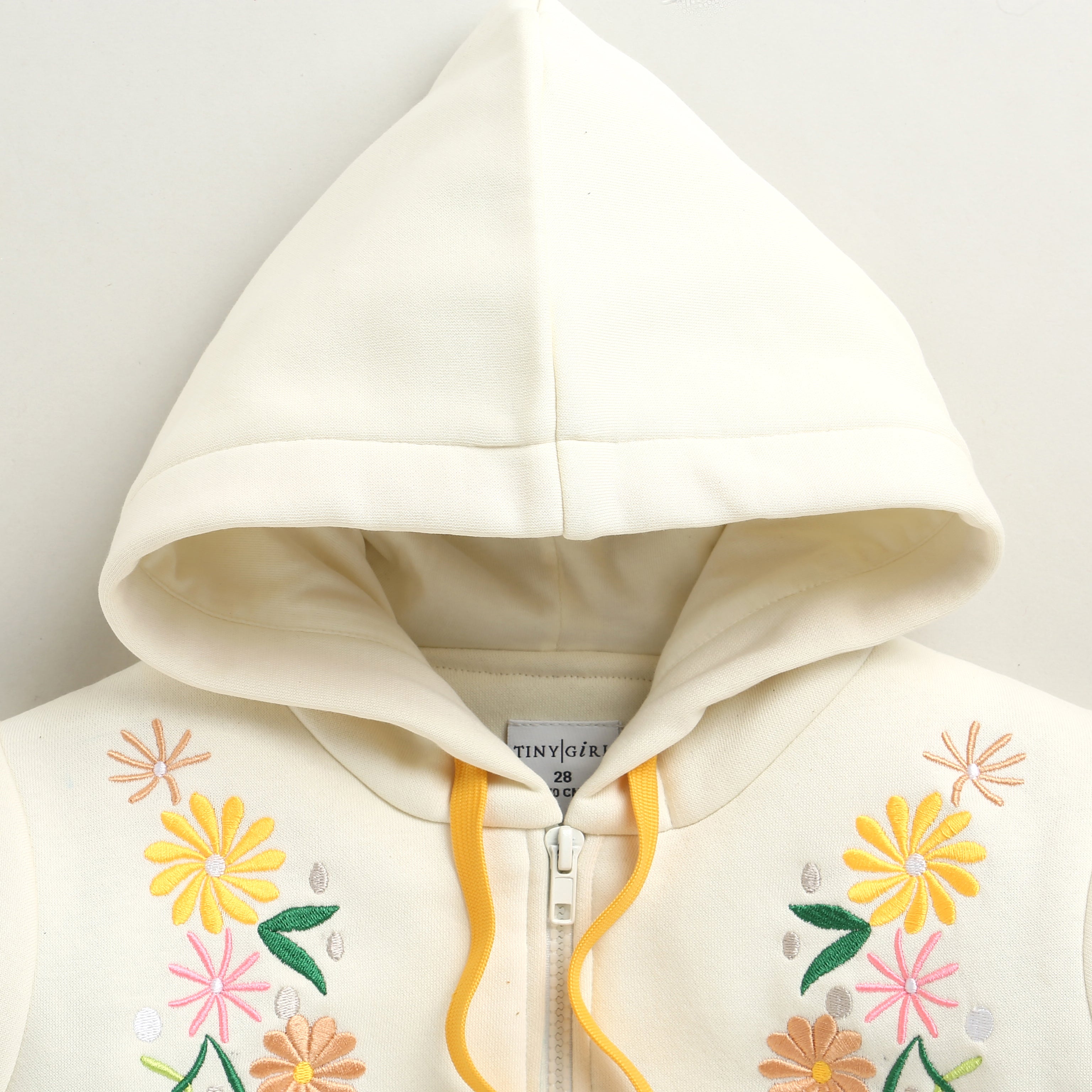 Tiny Girl Cream Floral Embroidered Zip-Up Hoodie For Girls | Winter Wear Sweatshirt | Kids