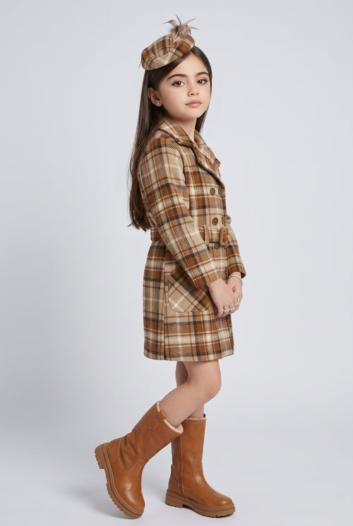 Brown Checks Belted Coat Dress TC0021
