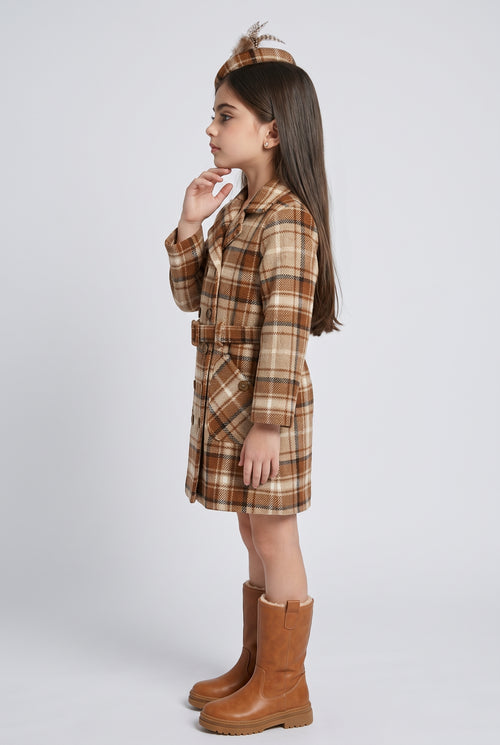 Brown Checks Belted Coat Dress TC0021