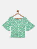 Green Printed Crop Top with Short Sleeves for Girls