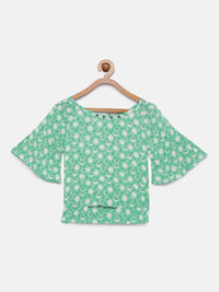 Green Printed Crop Top with Short Sleeves for Girls