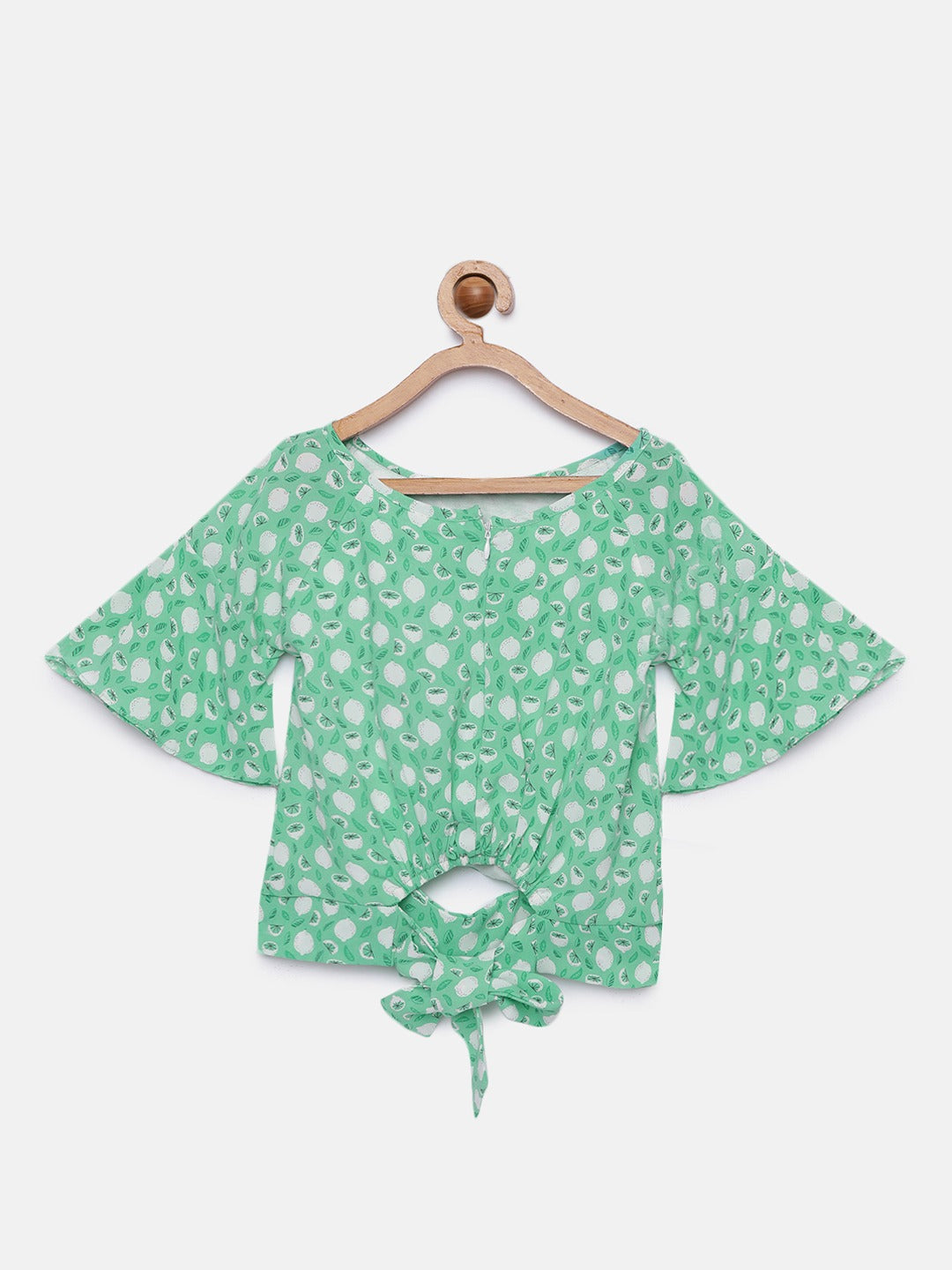 Green Printed Crop Top with Short Sleeves for Girls
