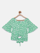 Green Printed Crop Top with Short Sleeves for Girls