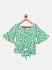 Green Printed Crop Top with Short Sleeves for Girls